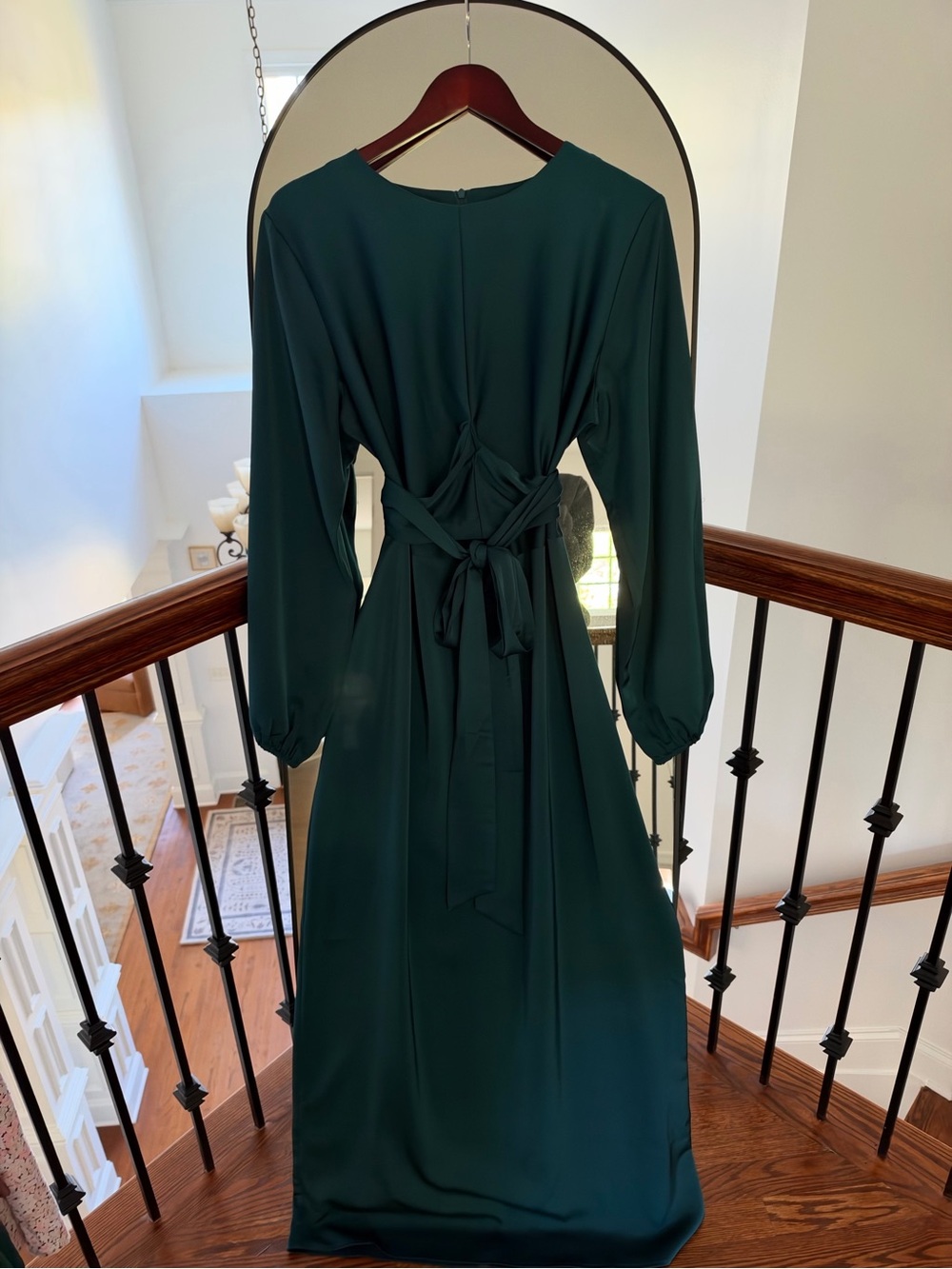 Veiled Long Sleeve Teal Green Tie-Waist Maxi Evening Dress
